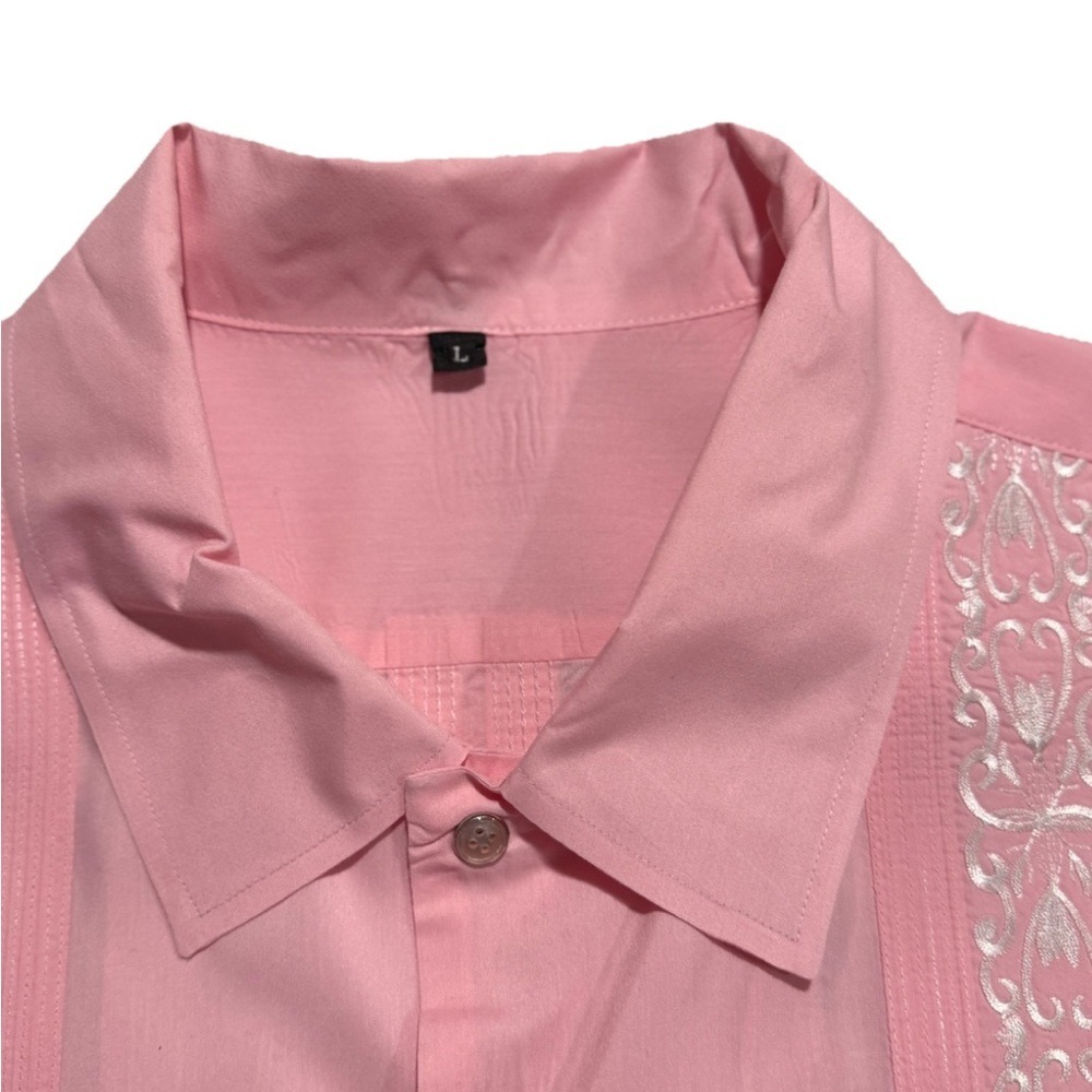 Pink Collared Short Sleeve Shirt.‎ Guayabera with White Embroidery. Snap Buttons - Picture 15 of 15